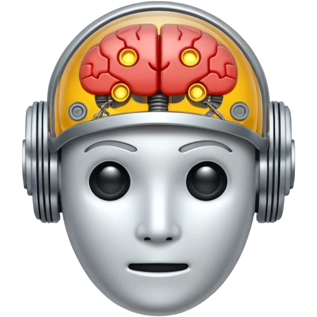 Emoji stylisé d'un cerveau robotique avec un circuit imprimé visible et un petit halo lumineux au-dessus, fond blanc emoji