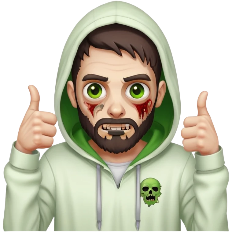 zombie with thumbs up gesture, undercut hairstyle with dark brown hair, short full beard, heterochromia with one green eye and one brown eye, wearing plain white hoodie with hood up emoji