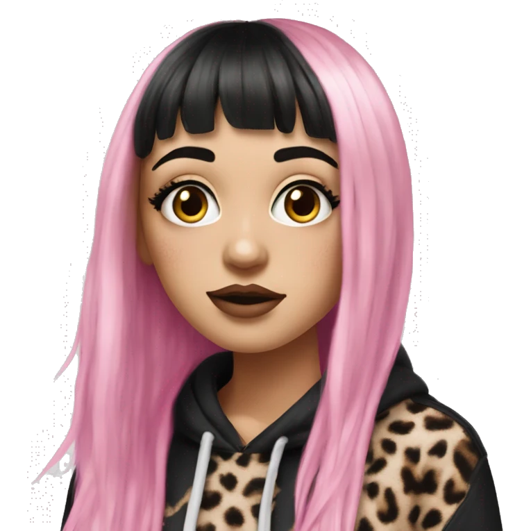 Hyperrealistic white girl with long black hair with a pink fringe and has eye makeup on, she is wearing a black and leopard print hoodie  emoji
