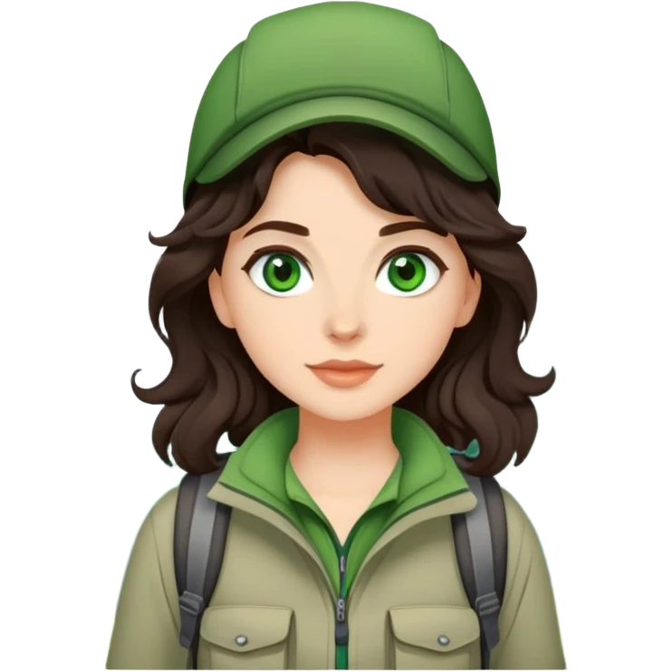 Beautiful girl with dark brown wavy hair and green eyes going on a hike emoji