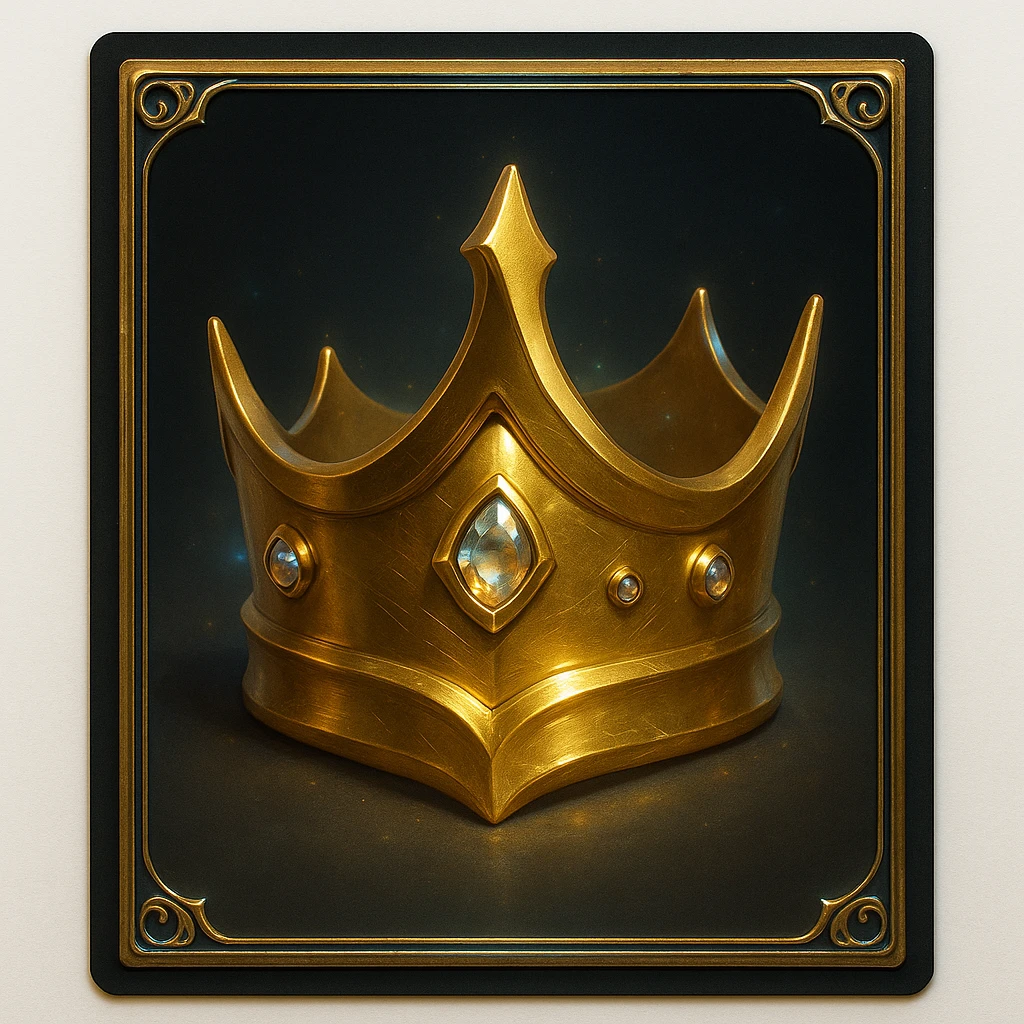 fantasy-inspired golden crown with modern smooth curves, intricate details, softly shimmering gemstones, surrounded by a Magic: The Gathering card frame with metallic finish, ornamental corners, subtle magical glow, dark background making crown and frame pop, clean iconic look, perfect for Discord emoji or Magic league logo emoji