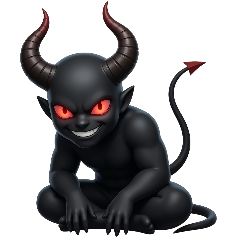 red devil emoji, large curved horns, sitting pose, leaning forward, black outfit, glowing red eyes, dark aura, sharp grin, minimal, clean, centered, transparent background emoji