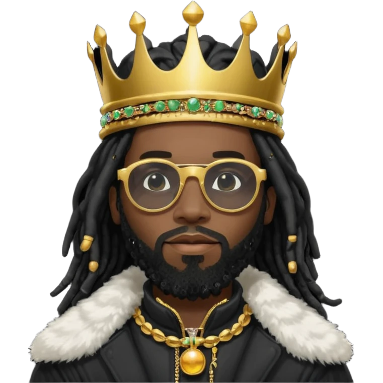 African American man with beardwith shoulder length black dreadlocks wearing black sunglasses with black bubble winter coat weariring a crown on his head emoji