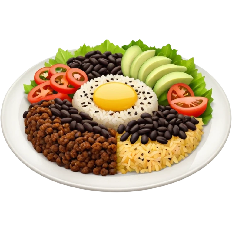Food plate with rice, black bean, minced meat and salad emoji