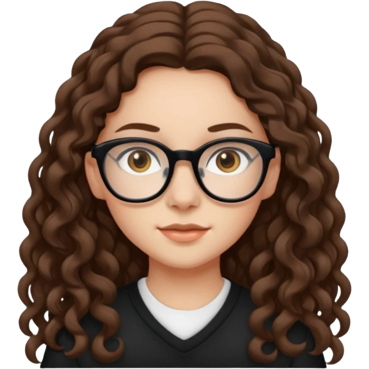 white teen girl with long brown curls, hazel eyes, and black frame glasses emoji