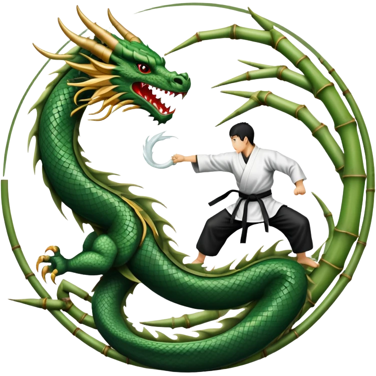 An icon symbolizing Eastern martial arts in the style of an emblem, featuring a black-and-white Yin-Yang symbol at the center and a powerful dragon wrapping around it. A martial artist is performing a fluid kick, surrounded by elements like a dojo and bamboo. Transparent background emoji