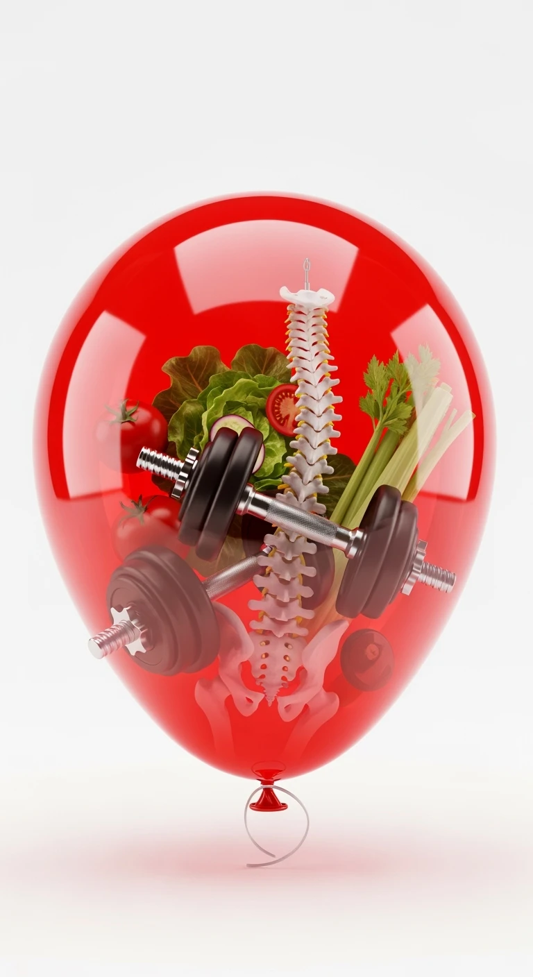 palloncino rosso con all'interno insalata, manubri da palestra e una spina dorsale anatomica realistica in 3d, isolato su sfondo bianco emoji
