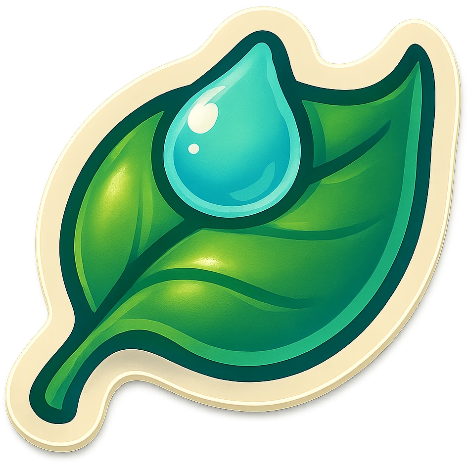 leaf with a drop of water, symbol of harmony and restoration, retro sticker style, clear contours, shadows and highlights, psychosomatic theme emoji