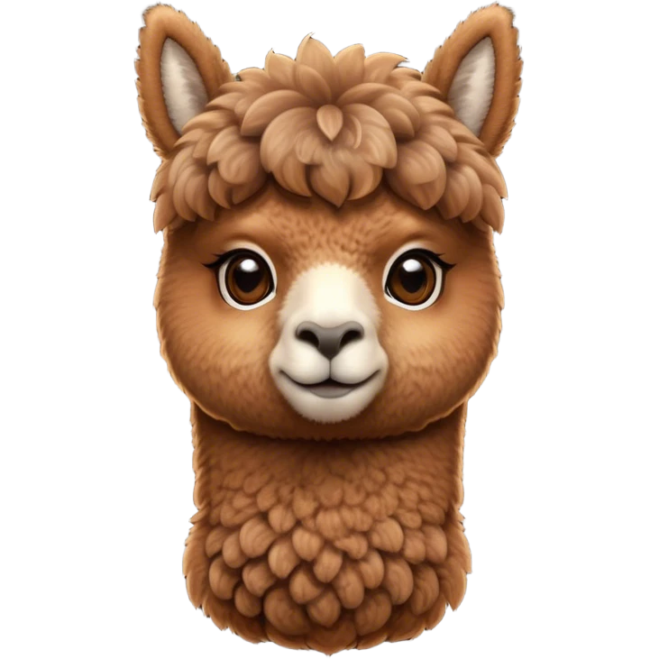 Cinematic Cute Brown Alpaca Portrait Emoji, Head tilted playfully and inquisitively, featuring a plush, rich brown fleece with a natural sheen, round, sparkling warm eyes filled with curiosity, Simplified yet irresistibly adorable features, highly detailed, glowing with a warm, friendly glow, high shine, affectionate and gentle, stylized with a touch of whimsy, bright and endearing, soft glowing outline, capturing the essence of a mischievous yet loving alpaca, so playful it feels like it could prance out of the screen and into your arms! emoji