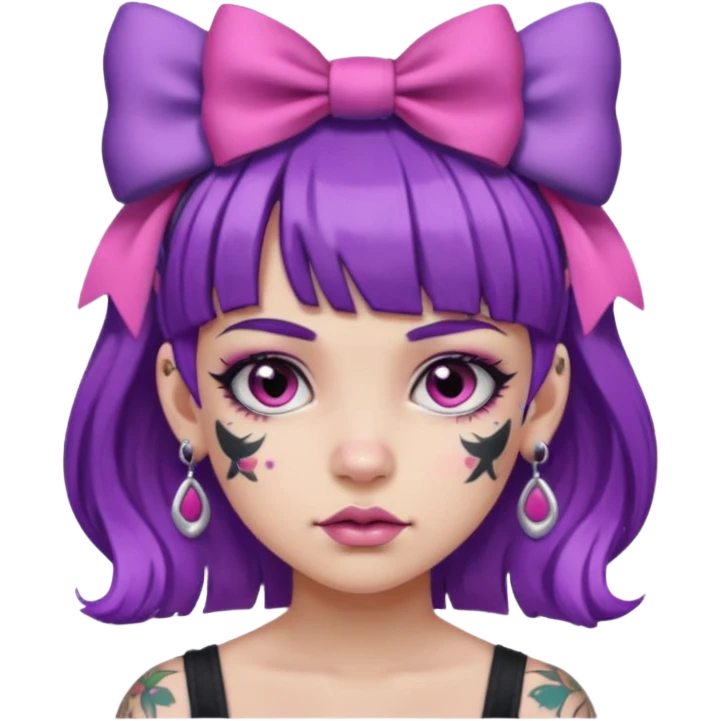 girl with bangs and purple hair and pink hairbow on the side of head and earrings and heavy face tattoos emoji