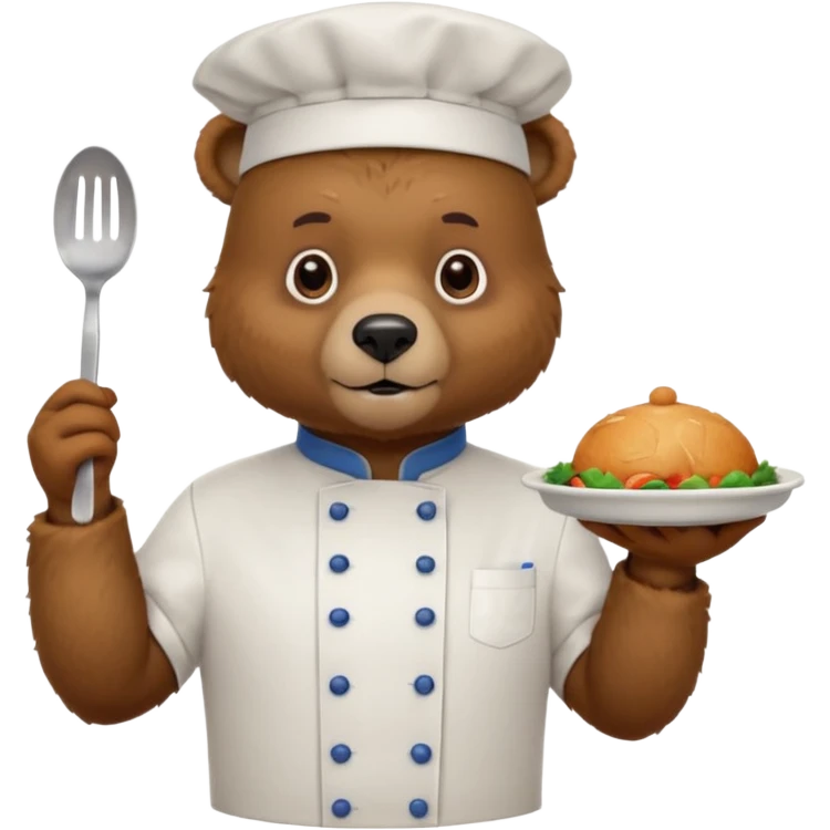 A bear wearing a chef uniform, nervously preparing a dish, portrait emoji
