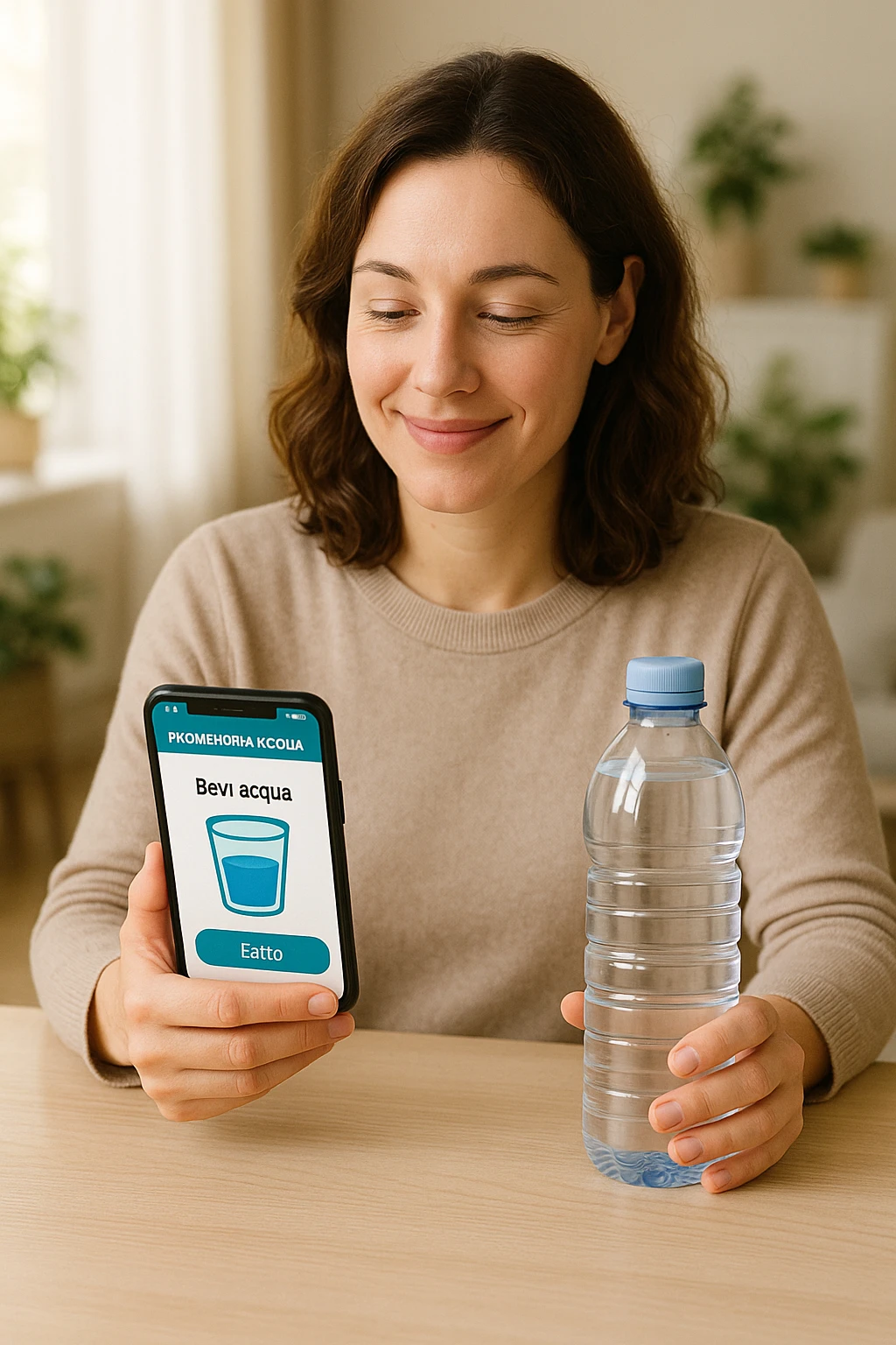 Donna che usa App per ricordarsi di bere, altrimenti non beve mai emoji