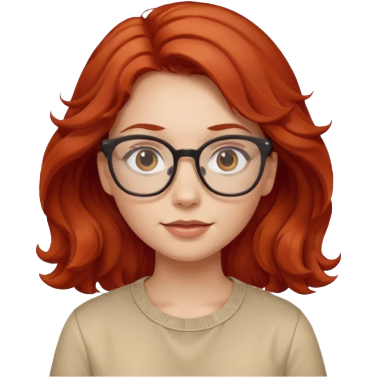 girl wear glasses, wavy red hair, beige shirt emoji