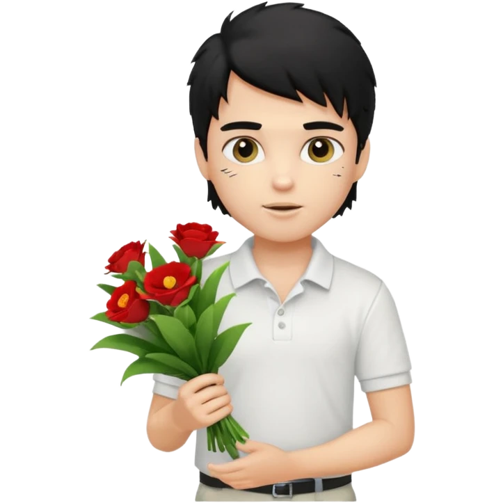 generate a pretty fair bratz boy with a messy mullet (black hair), wearing a white polo.  carrying a bouquet made of money emoji