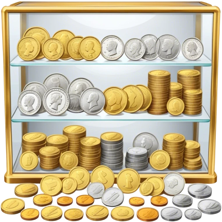Icon for Coin Collecting: a collection of various vintage and modern coins, neatly arranged in a display case or on a table. The icon should highlight the diversity and historical value of coin collecting. Transparent background. emoji