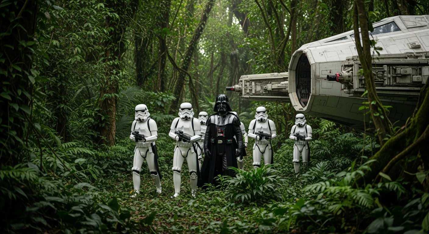 cinematic still, Medium shot, amazon jungle, Darth Vader around stormtroopers coming out from starship on ground, they are exploring the jungle, inspired by StarWars movie, captured by arri alexa emoji