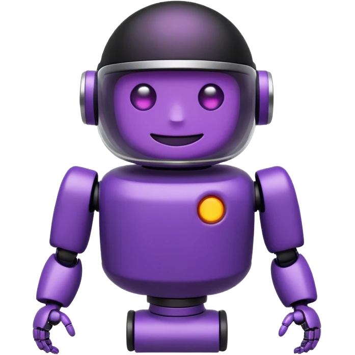 Cute deep purple robot emoji, pill-shaped body, dark visor with glowing white simple eyes and smile. Flat 2D vector art, die-cut sticker with white border, minimalist, white background. emoji