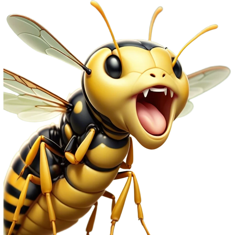 Cinematic Adorable Yawning Wasp Portrait Emoji, Head tilted slightly with a dramatic, wide-open yawn, showcasing a tiny, streamlined body with gently drooping wings and sleepy, half-closed eyes, Simplified yet irresistibly cute features, highly detailed, glowing with a soft, cozy glow, high shine, relaxed yet expressive, stylized with a dash of whimsical insect ease, soft glowing outline, capturing the essence of a drowsy wasp that appears ready to stretch and yawn its way out of the screen! emoji