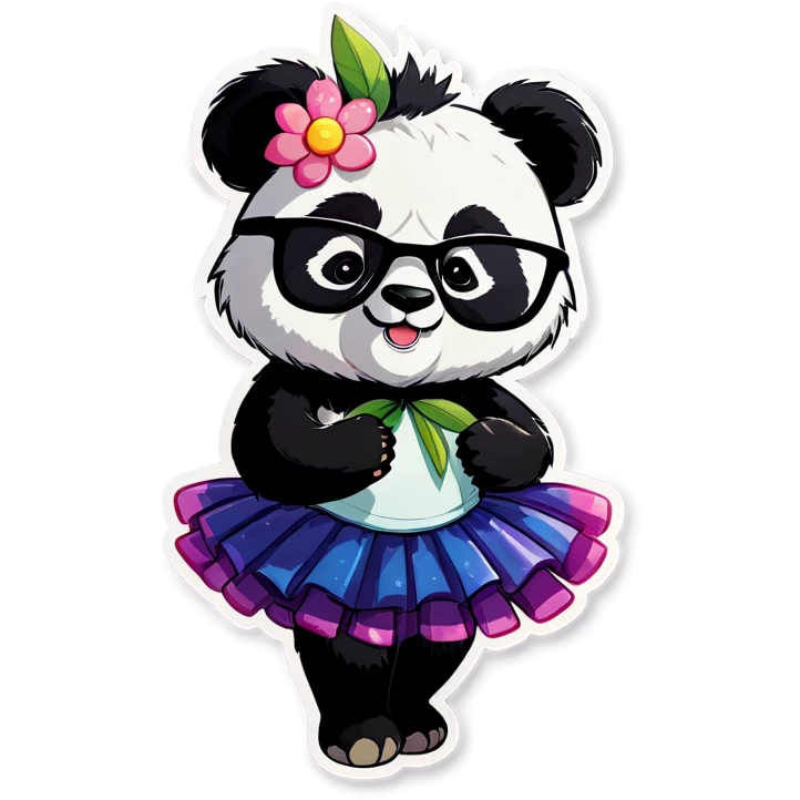 Panda wearing a tutu and glasses with a flower above 1 ear emoji