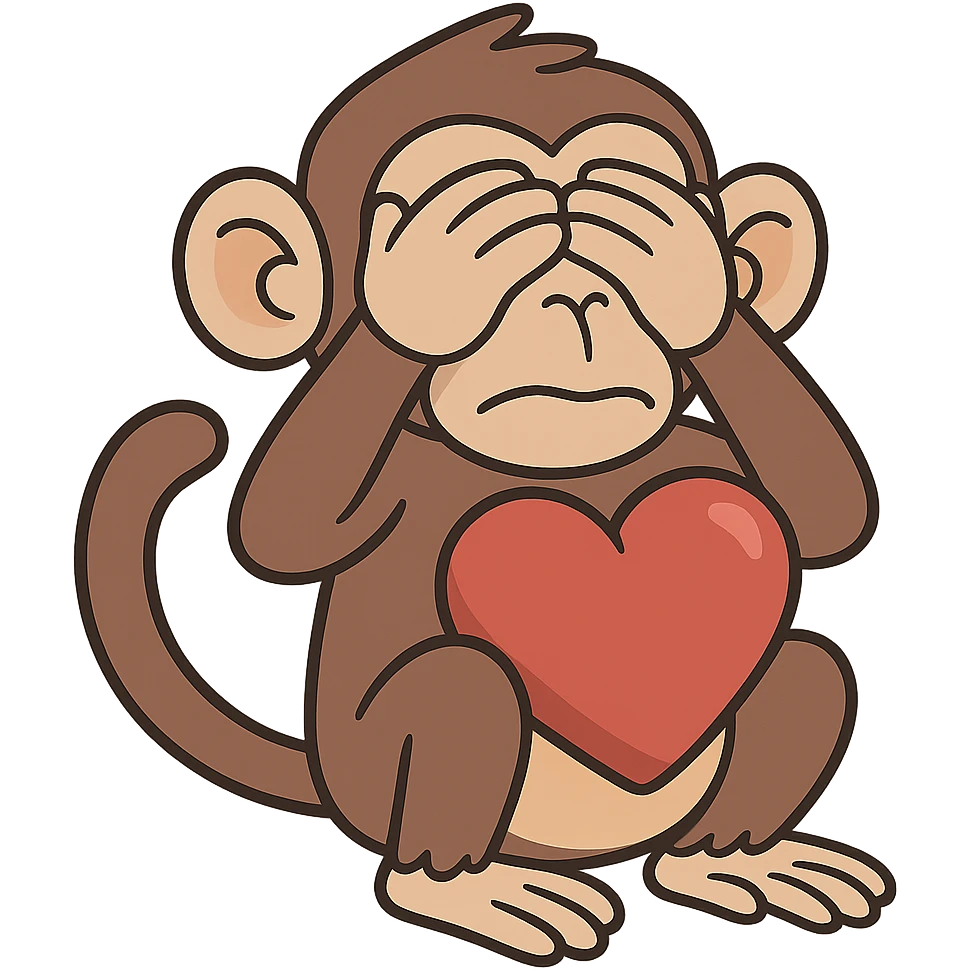 flat toon style see no evil monkey holding a heart emoji