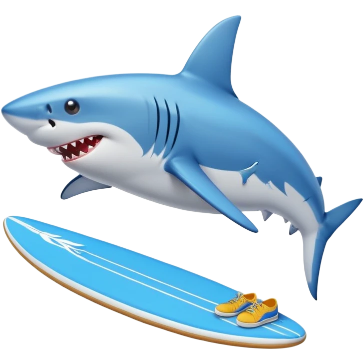 Shark on a surfboard with blue tennis shoes emoji