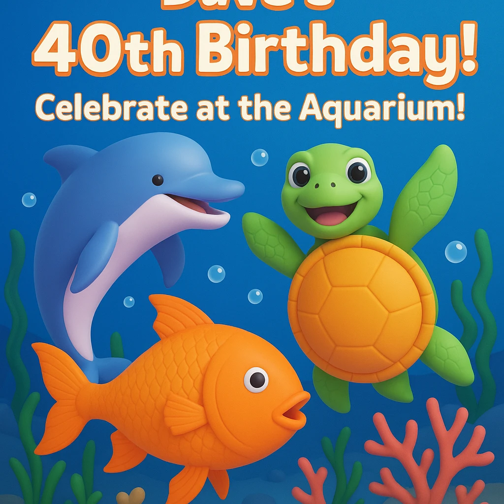 Make a birthday card for Dave's 40th birthday at the aquarium. Arrange the playful dolphin, smiling sea turtle, and colorful fish in a lively underwater scene with bubbles, seaweed, and coral. Add cheerful text: "Dave's 40th Birthday! Celebrate at the Aquarium!" Use a fun, vibrant style. Make it 3d emoji style. emoji