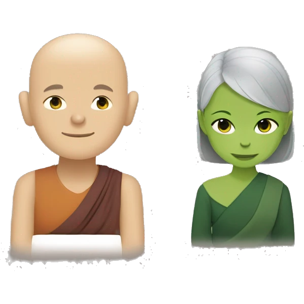 Thich nhat hanh meditating with smiling girl with short grey hair and green shirt  emoji