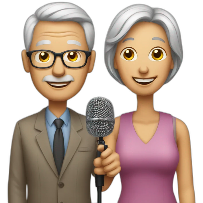 old man and woman with microphones podcasters emoji