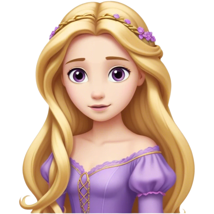 Cinematic Elegant Rapunzel Portrait Emoji, rendered in a realistic, vector-style with minimal shading and bold, simplified shapes. Depict Rapunzel (chest and above) with fair, porcelain skin, long, flowing golden hair cascading gracefully, and soft, gentle eyes, wearing her iconic light purple gown. The image glows with a soft, enchanting radiance and high shine, capturing timeless fairy-tale beauty. emoji