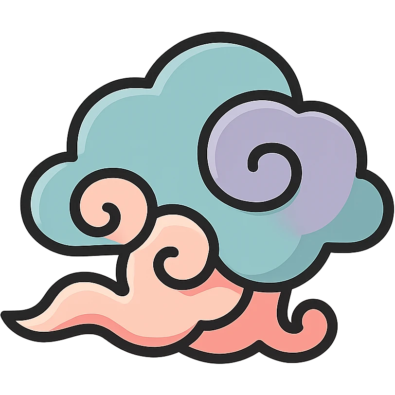 thought cloud in Chinese Eastern style, thin clean contours, soft rounded shapes, pastel palette #98B5BC, #B5B3C1, #C9A3C9, #E4C0CA, #F7DCD1, #F7C0AA, detailed shadows and highlights, soft lighting, transparent background, no decoration emoji