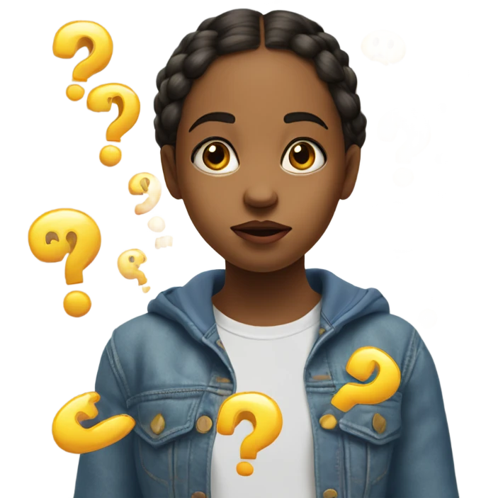 A curious young girl with a puzzled expression, hands extended outward in a questioning gesture, surrounded by floating question marks emoji