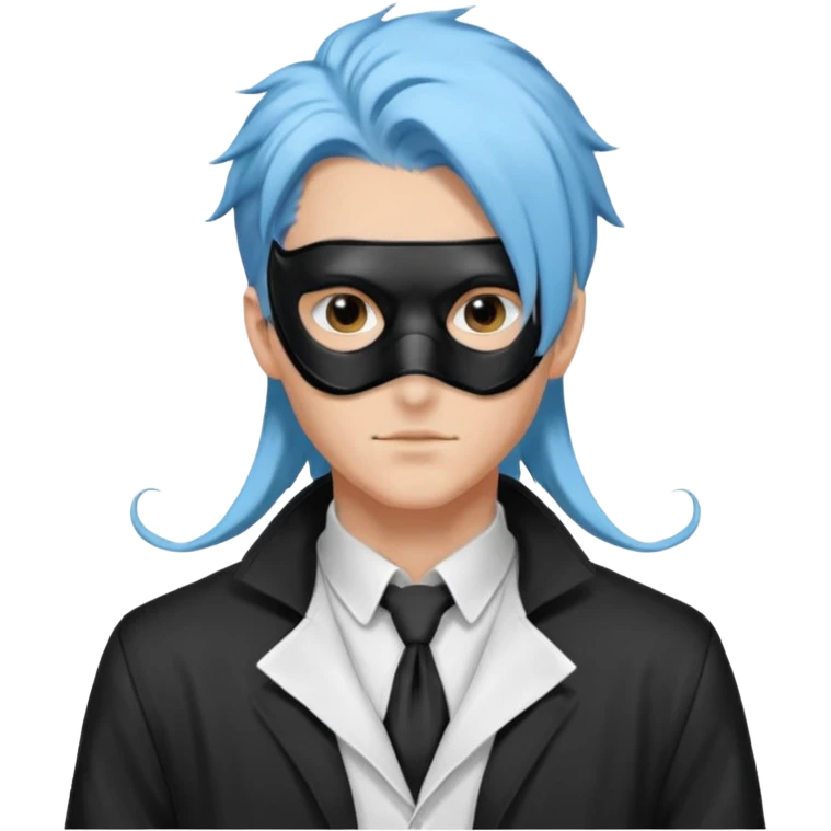 Handsome sexy adult anime man with light-blue hair and a black bird beak mask that covers whole face, wearing a white lab coat, long thin hair tendrils on the sides emoji