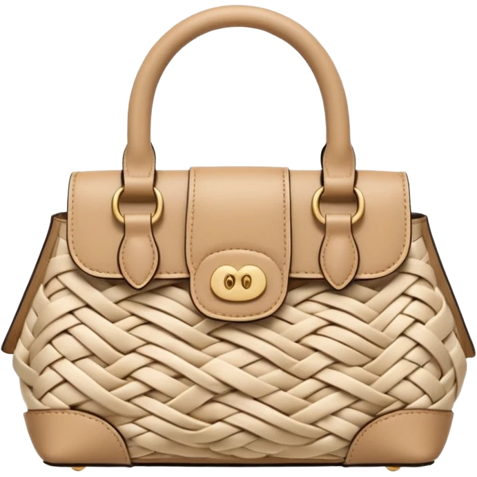 A 3D cartoon woven handbag with interlaced fiber details, neutral tones, Memoji-style realism. emoji