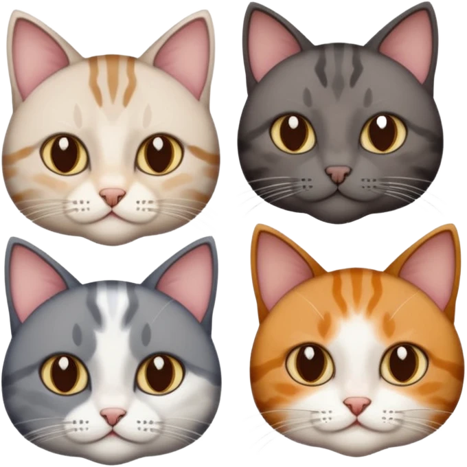 4 different coloured short haired cats including; a dark brown tabby and white cat, and a dark grey and white  emoji