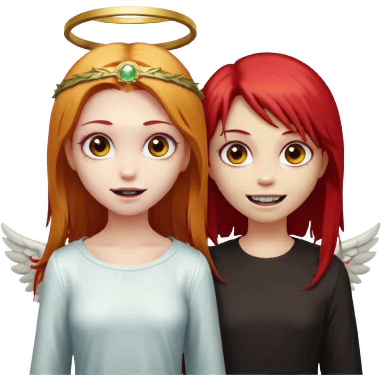 девушка ангел с нимбом и крыльями, с рыжими прямыми волосами по плечи, с улыбкой, стоит рядом с девушка зомби с темными длинными прямыми золосами, со злым выражением лица и ровными белыми зубами в стиле Apple avatar emoji