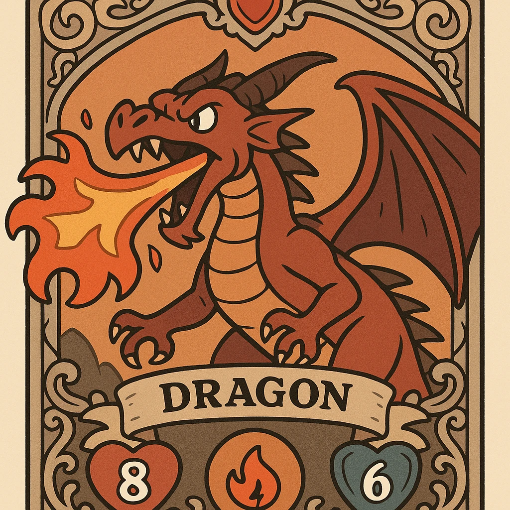 ornate collectible card of a fire dragon breathing fire with health, fire, and armor stats, elaborate fantasy border, intricate details, vibrant and dramatic fantasy art style emoji