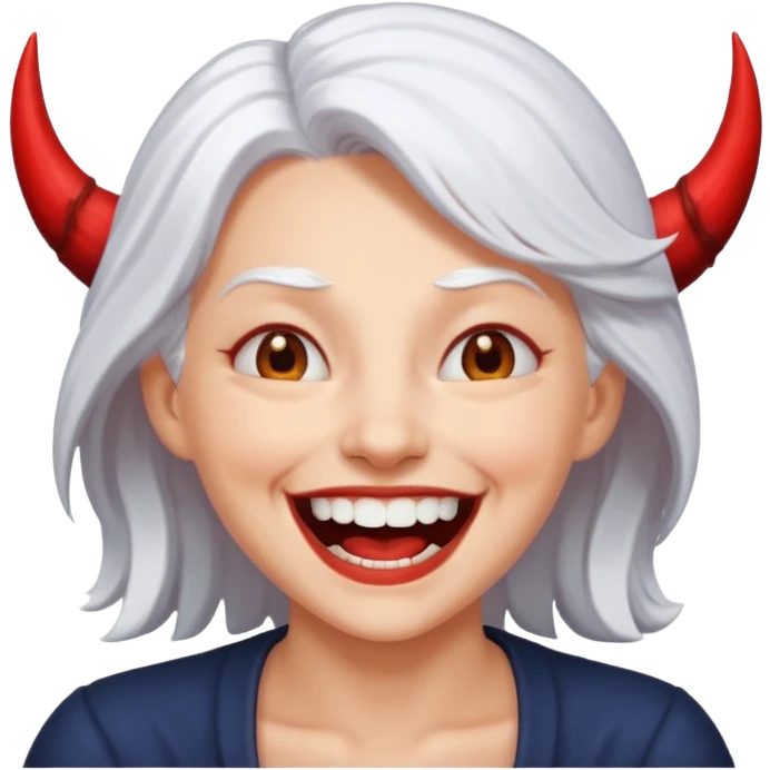 White haired woman laughing at the devil emoji