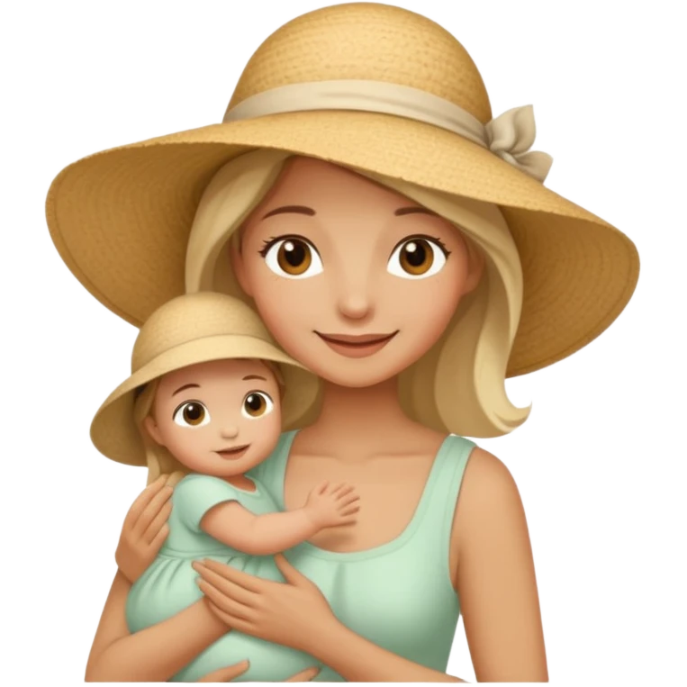 A mom in a sunhat holding her baby gently while smiling softly. emoji
