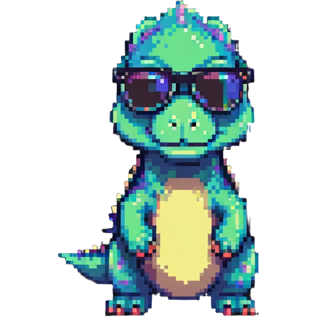dinosaur with sunglasses in pixel art style emoji