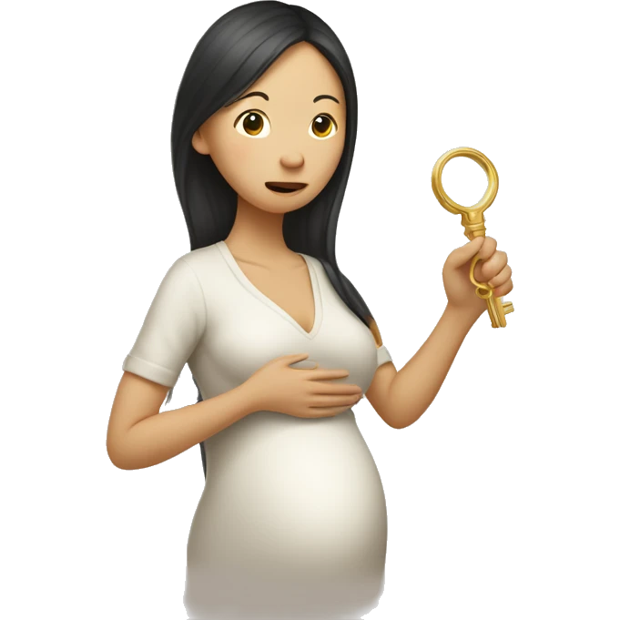 A pregnant Asian woman holds a golden key in her hands, the other hand closes her own mouth emoji