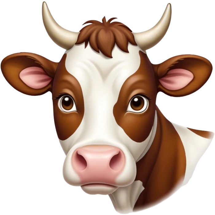 Cinematic Noble Brown and White Cow Portrait Emoji, Poised and regal, with a large, sturdy build and a beautifully patterned hide of rich brown accented by crisp white patches, deep-set soulful brown eyes, Simplified yet sharp and sophisticated features, highly detailed, glowing with a soft, dignified glow, high shine, intelligent and calm, stylized with an air of pastoral majesty, focused and attentive, soft glowing outline, capturing the essence of a watchful and confident bovine guardian, so majestic it feels as though it could amble out of the screen with effortless authority! emoji