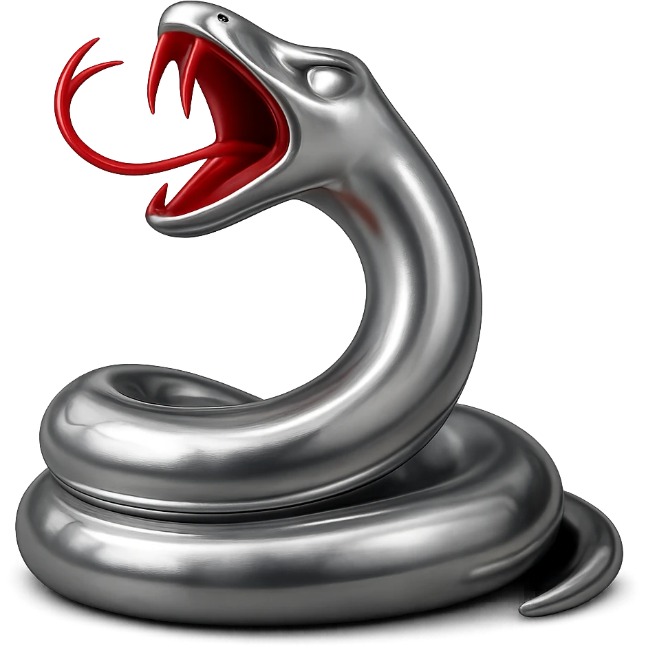 Update the chrome snake so the tongue is light red, the inside of the mouth is a darker red, and the teeth are red, matching the color scheme in the provided reference images. Keep the glowing white eyes and shiny metallic look. emoji