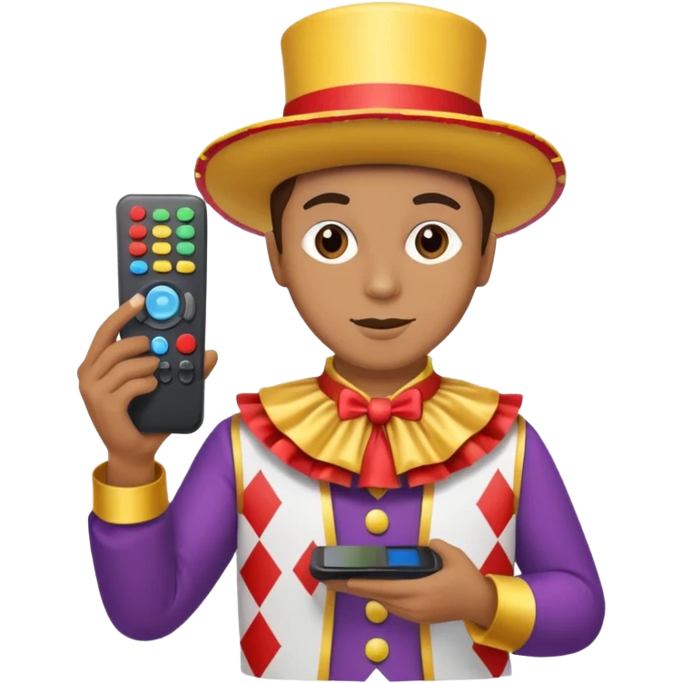 Uma pessoa com um controle remoto de televisão na mão e vestida de fantasia de carnaval emoji