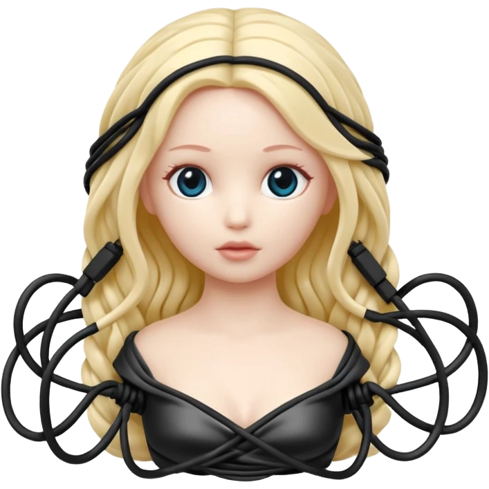 Plastic doll tightly bound with tangled AUX cables. emoji