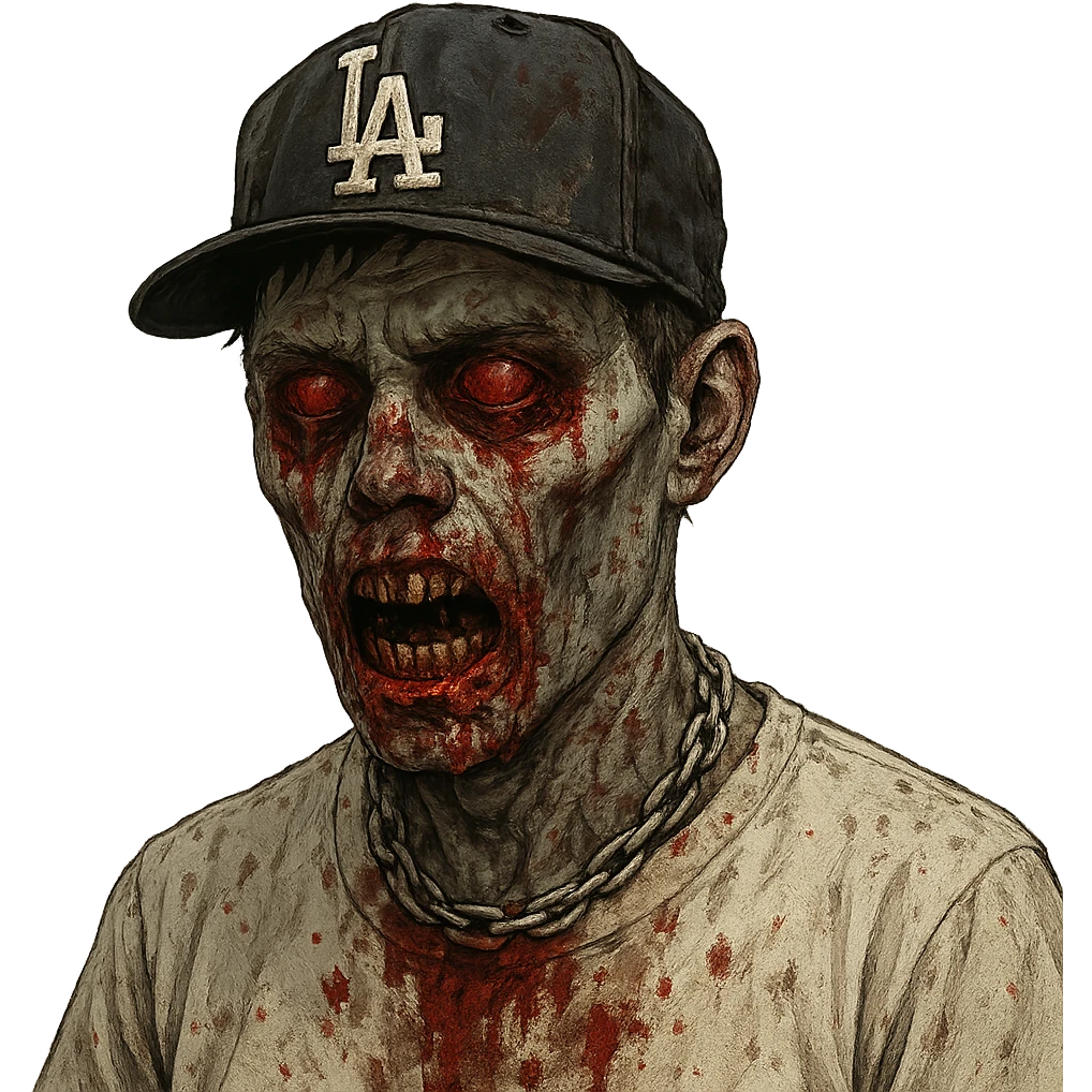 zombie with bloody eyes, black short hair, wearing a white t-shirt, blood on his mouth, a chain necklace, and an LA hat emoji