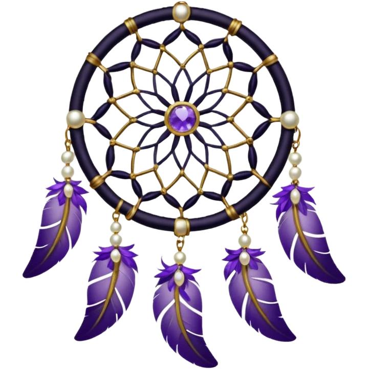Black dreamcatcher with amethyst crystals, gold pearls, and plants, and violet and white feathers emoji