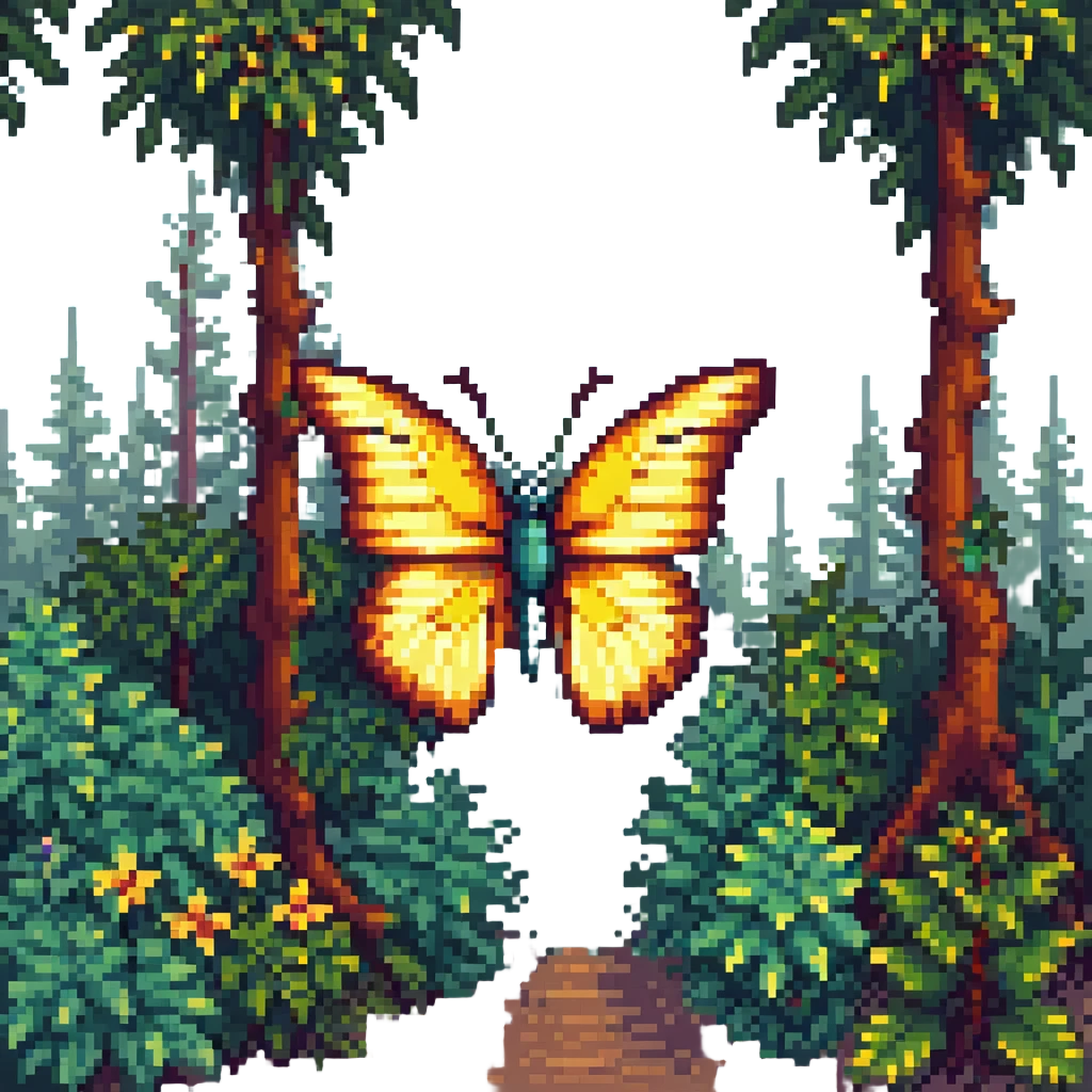 pixel art butterfly among trees and plants, forest background emoji