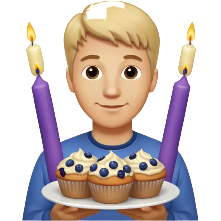It is my friend virginias birthday. Create emoji with me saying happy birthday Virginia while holding blueberry muffins with candles in them! I am a white man make the emoji with dirty blonde hair  emoji