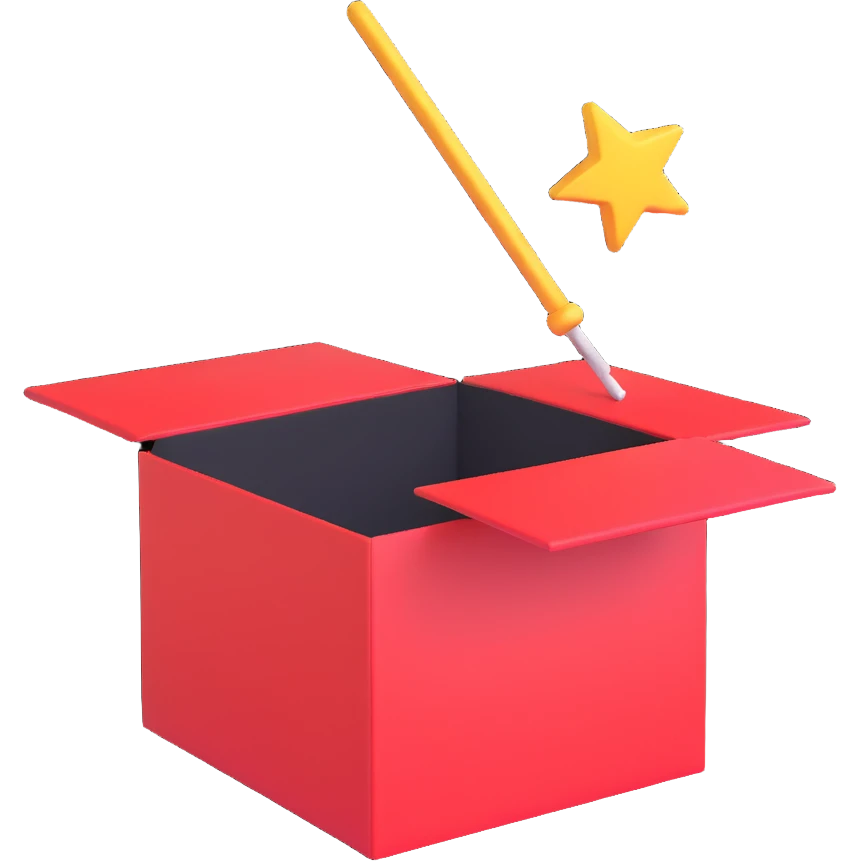 a 3D style icon of a box and a magic wand, suitable for an icon emoji