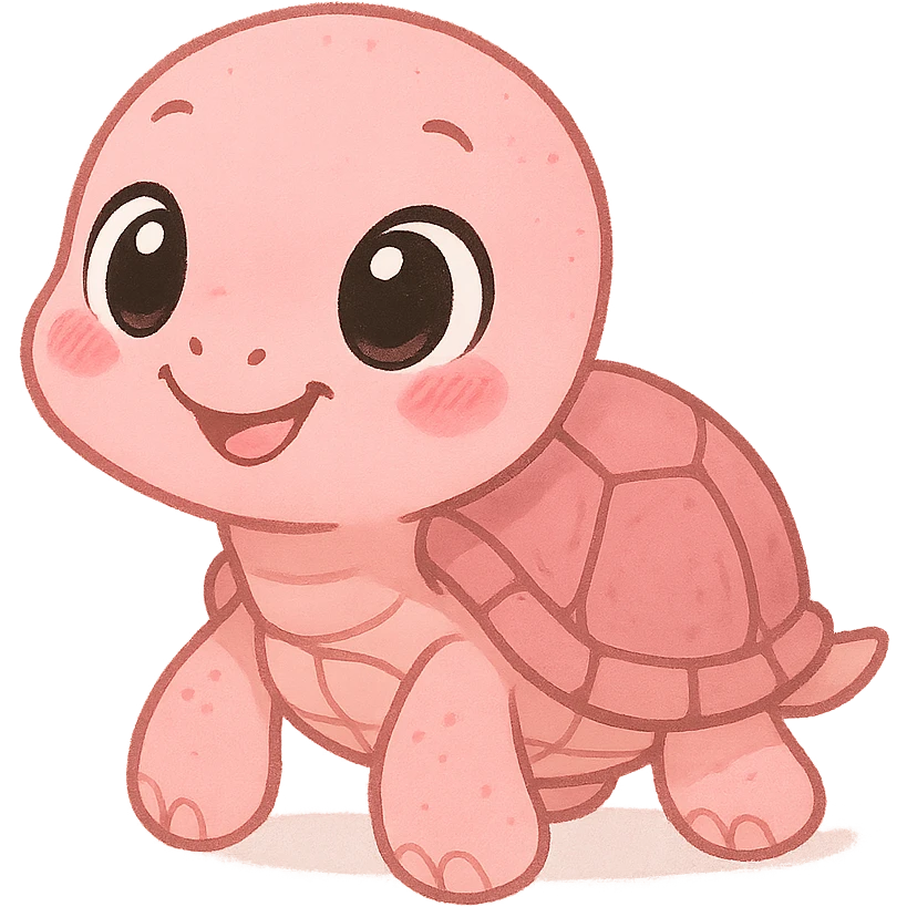 a cute pink turtle, original design, big eyes, blushing cheeks, joyful emoji